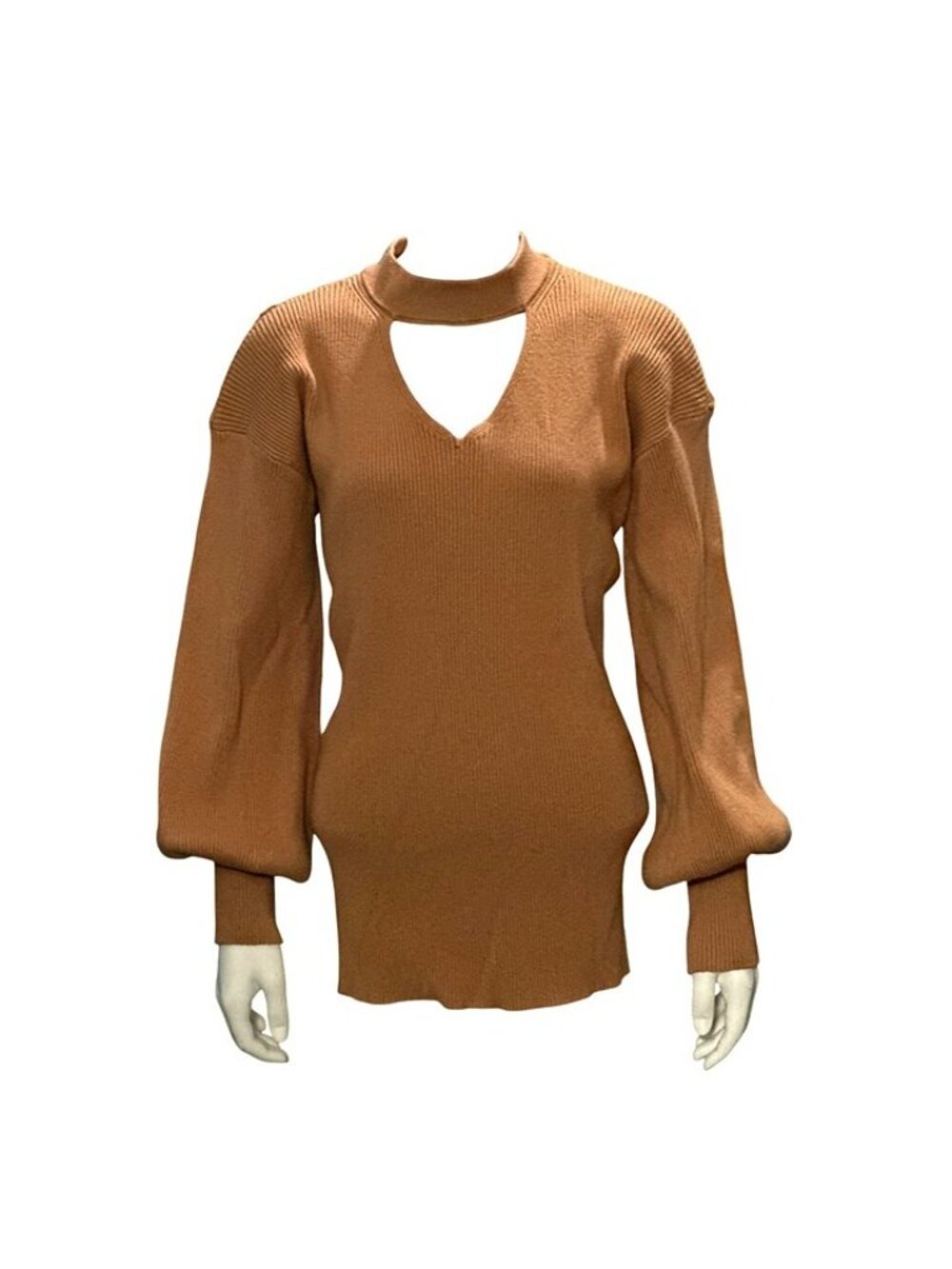 Brown Balloon Sleeve Extra Large Keyhole Knit Sweater Ribbed Cuffs Trendy Fit